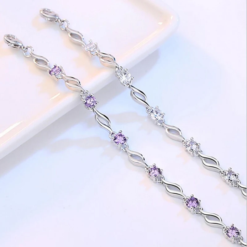 925 prata esterlina jóias pulseira de alta qualidade retro moda mulher roxo cristal quatro pinos diy pulseira comprimento 20.5cm