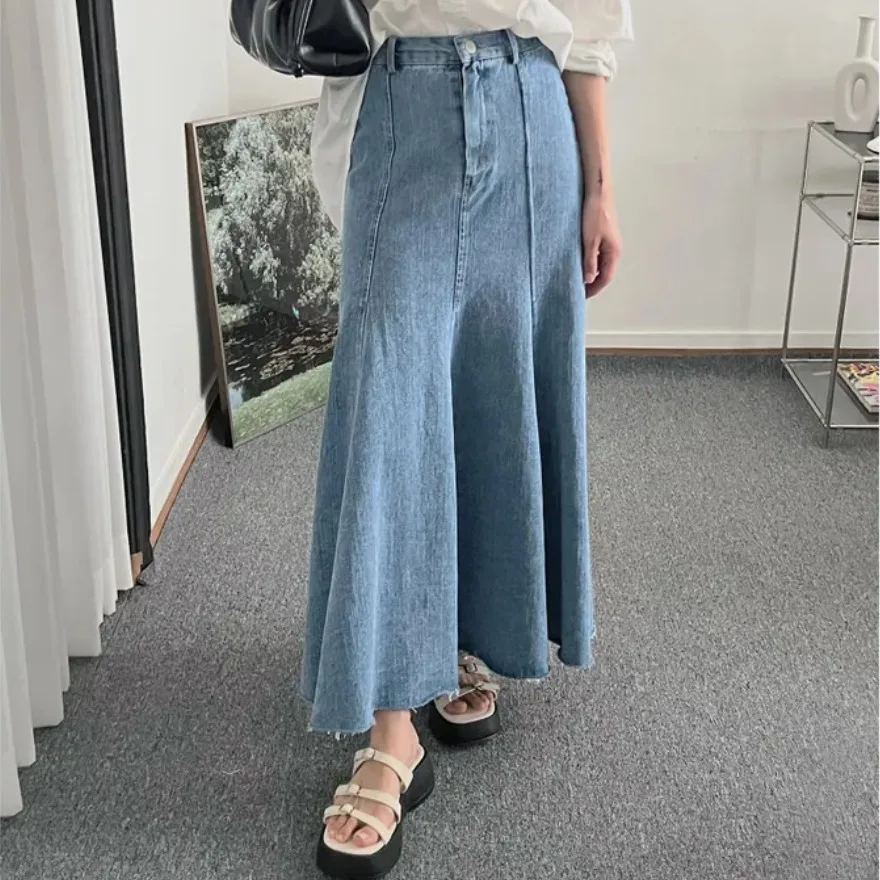 Long Denim Skirt with 3D Patchwork Stitching Lines And Frayed Edges Retro Style Commute Casual Cotton Unlined A-Line Skirt