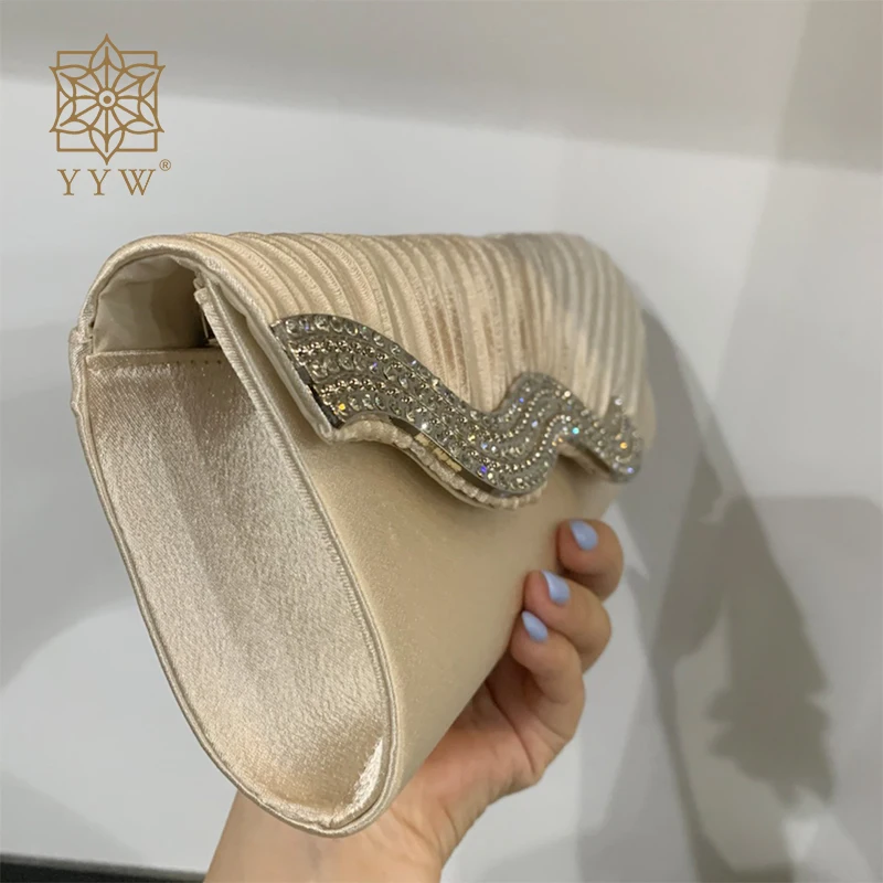 Luxury Satin Evening Party Clutch Bag With Rhinestone Champagne Diamonds Wedding Elegant Bridal Clutches Bag Sac Main Femme 2023