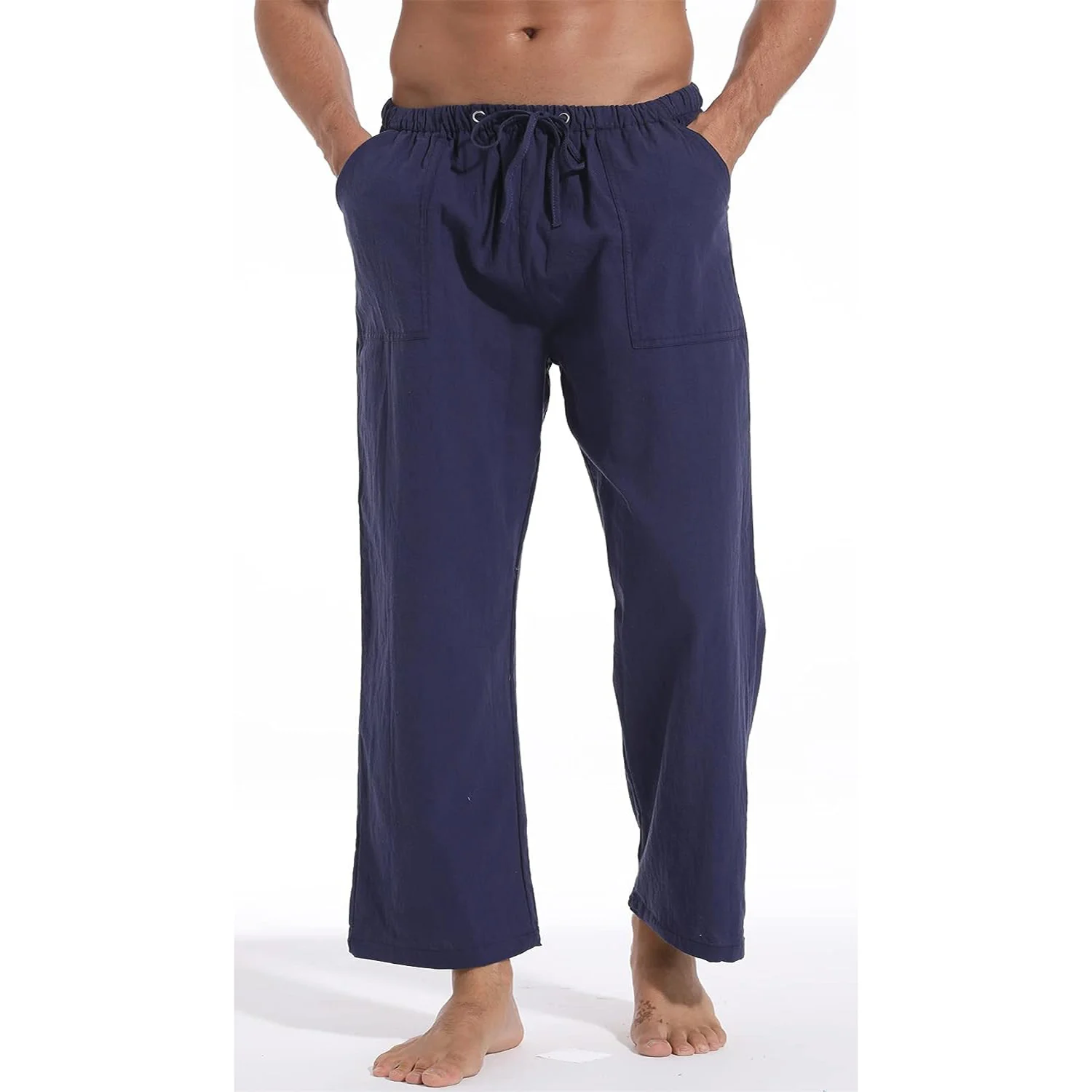 New Men's Casual Linen Pants Solid Color Breathable Yoga Cotton Trousers Male Casual Elastic Waist Drawstring Fitness Pants