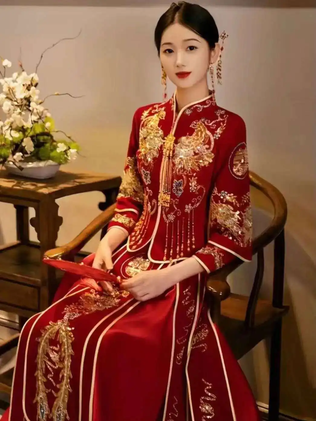 Cheongsam Hanfu Embroidery Dragon Phoenix Chinese Traditional Couple Wedding Suit Cheongsam Elegant Bride Vintage Qipao Dress