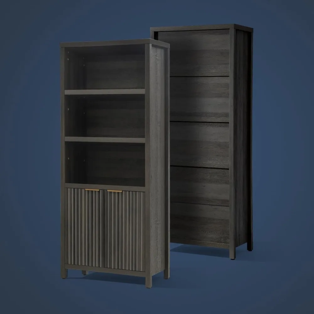 رف كتب طويل مع خزانة أبواب بعمق 15.4 بوصة، رف كتب من 5 طبقات، خزائن كتب MDF من خشب البلوط مقاس 1.4 بوصة مع أرضية تخزين #5