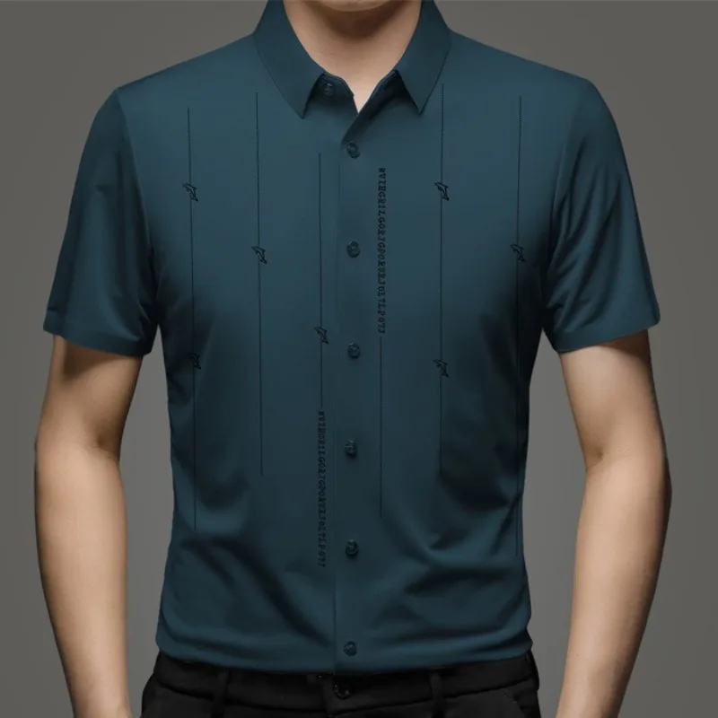 Summer New Shirts for Men Short Sleeve Turn-down Collar Traceless Printing Fashion Blouse Button Striped Casual Loose Slim Tops