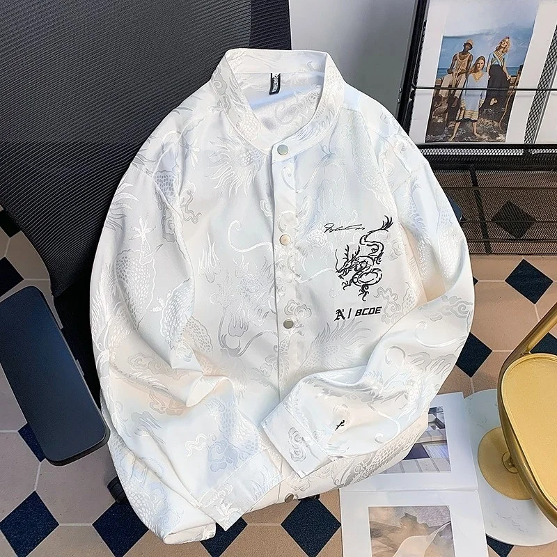 Loose Fit Long Sleeve Dragon Embroidery Shirt New Chinese Style Stand Collar Men's Fashion Spring Autumn Outerwear Dark Patte...