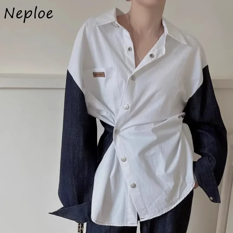 Neploe 2024 Spring New Lapel Neck Plaid Blouses Vintage Washed Denim Shirts Women Y2k Slim Waist Long Sleeve Blusas Mujer