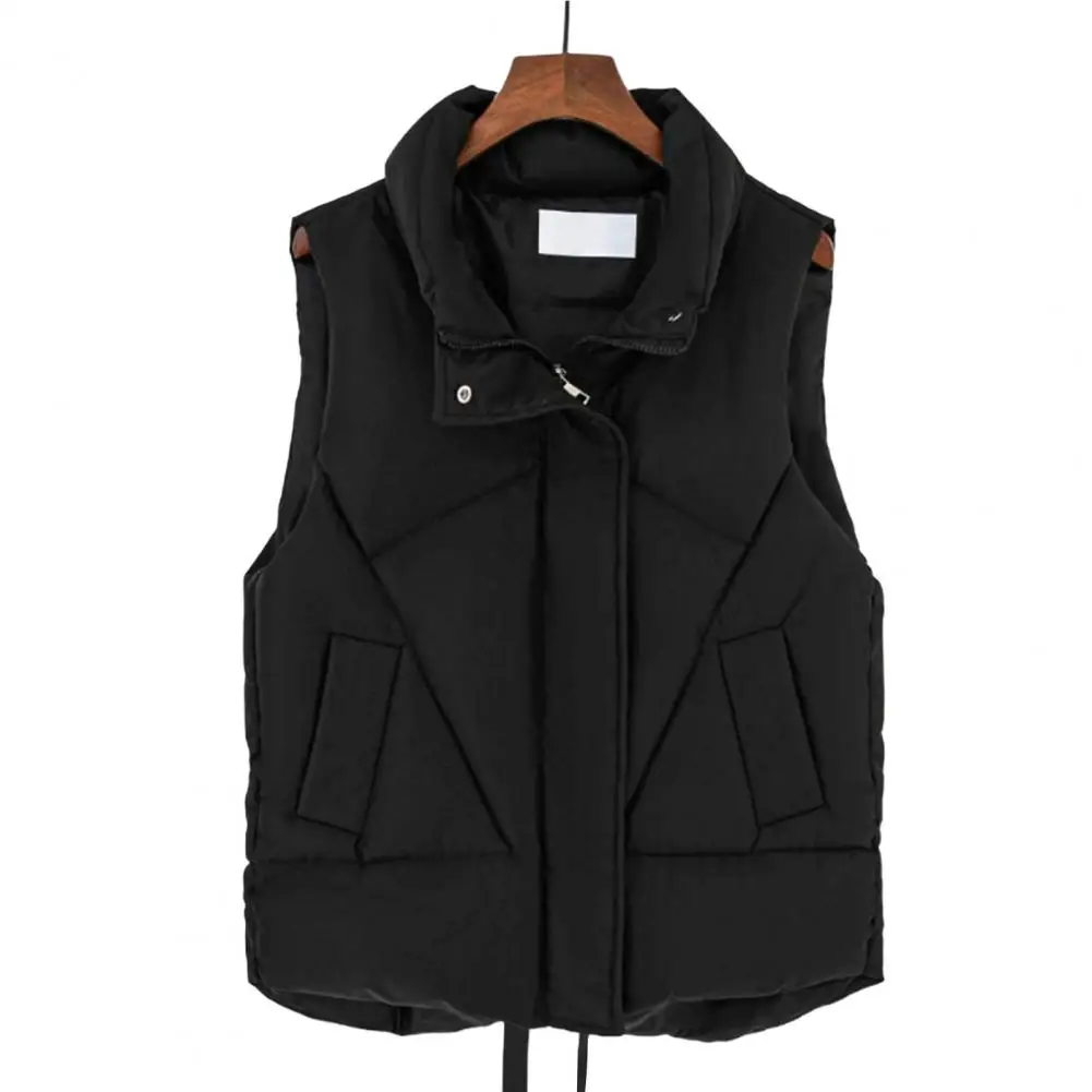 Women Waistcoat Women\'s Windproof Cotton Padded Vest with Stand Collar Drawstring Waist Sleeveless Winter Jacket with Zipper