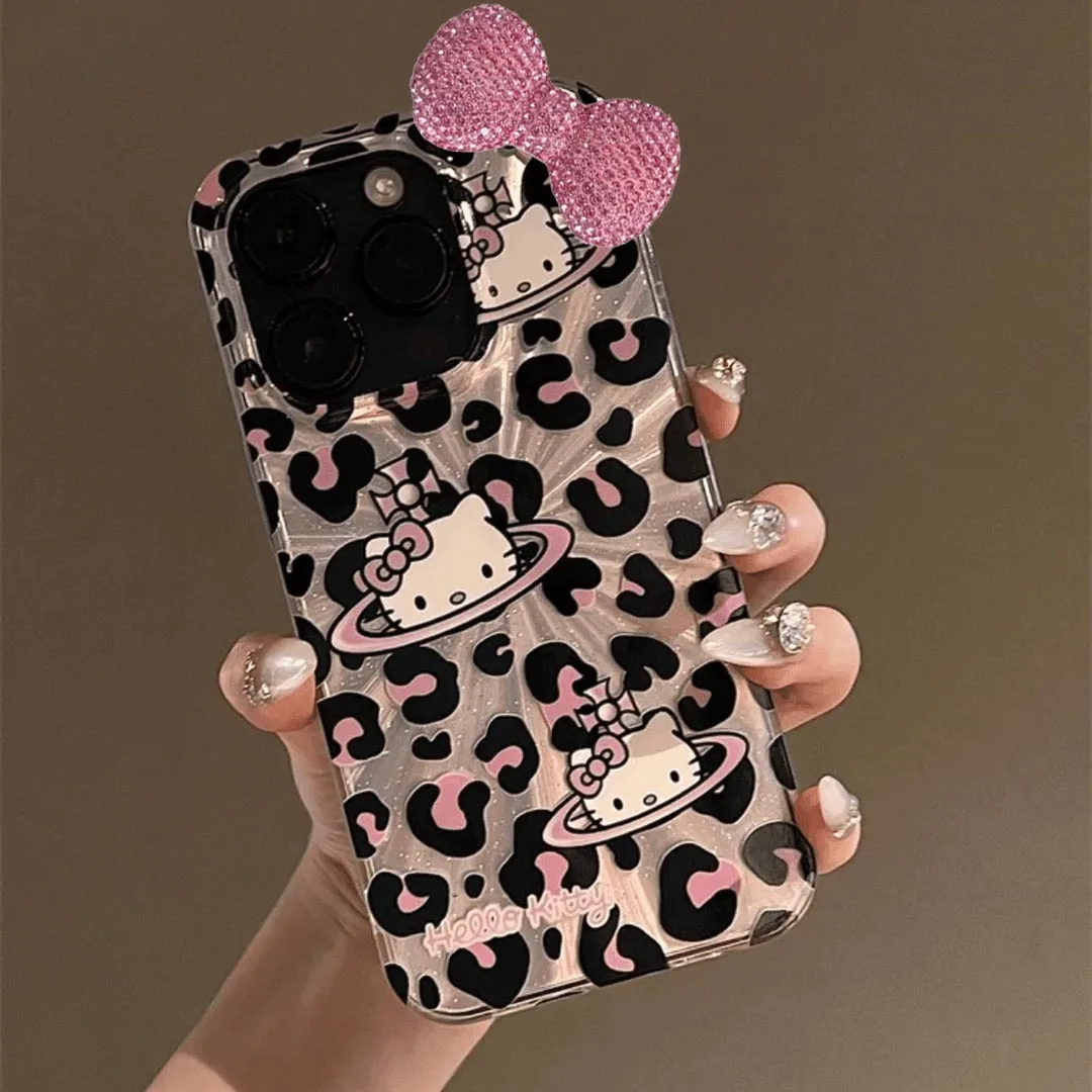 Leopard Print Hello Kitty Bow Bracket Cute Phone Case For iPhone 16 15 14 13 12 11 ProMax XR XSMAX 7 8 Plus MINI Y2K Laser Cover