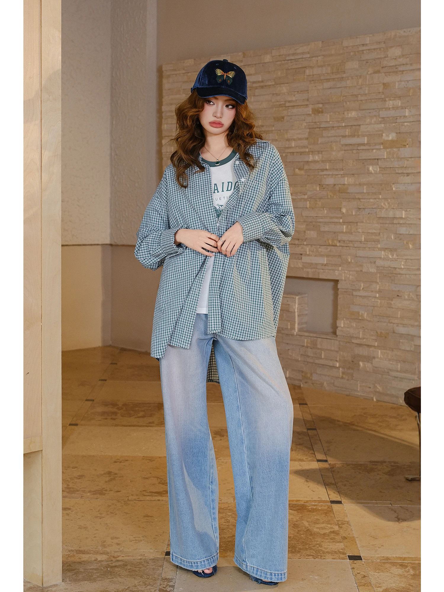 

MIUCO White Enhancing Plaid Cotton Linen irt Loose Casual Sle Base Layer Top Two Piece Set Women's Spring Faion