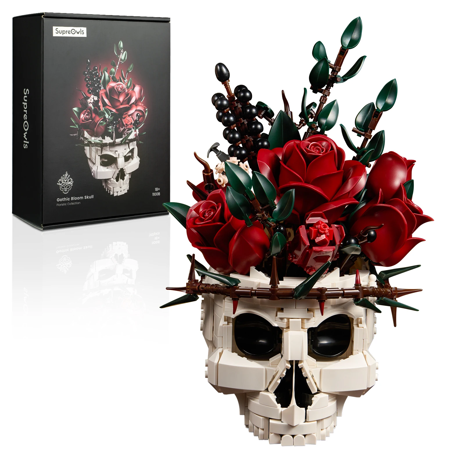 Skelett-Rosen Totenkopf-Blumen-Blöcke Blumenstrauß Gotisches Horror-Bauset Dunkle Heimdekoration Schreibtisch-Ornament Festival-Geschenk für Erwachsene