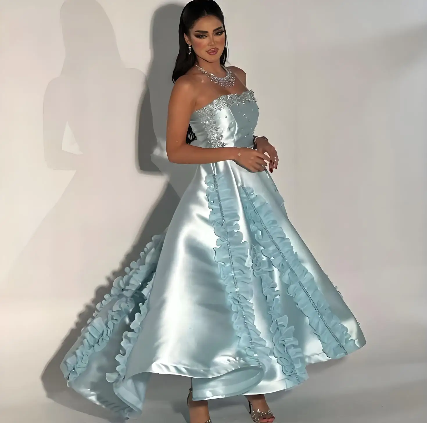 

Mint Green Stain Tea Length Evening Dresses Vintage Party Gowns Beading RufflesStrapless Prom Dress فساتين الحف