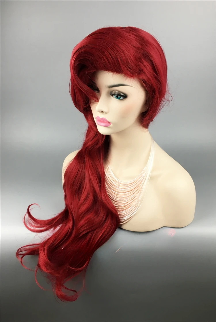 70cm Wig merah duyung kecil tubuh rambut palsu bergelombang sintetis Wig Cosplay putri Ariel Wig peran bermain kostum