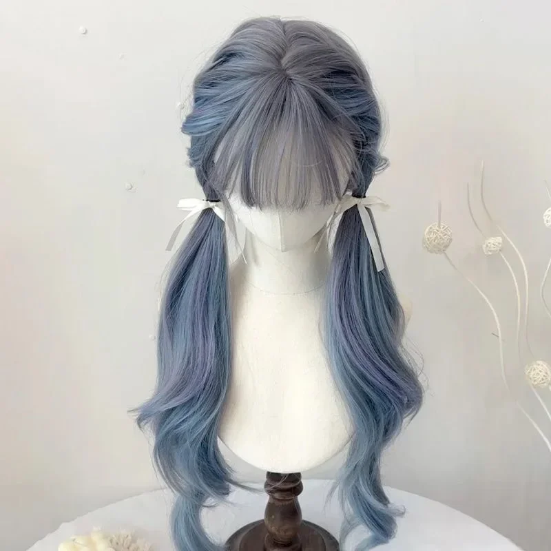Peluca de Cosplay para mujer, cabeza completa, pelo largo, sensación de frío, neblina, azul, púrpura, pelo largo, flequillo de aire, belleza Natural, peluca de pelo Artificial