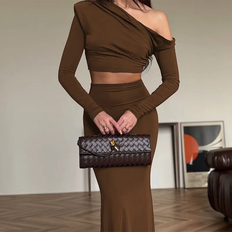 

Women 2 Piece Set Ruched Inclined Shoulder Long Sleeve T-shirts Crop Tops + Bodycon Maxi Skirts 2025 Autumn Clubwear Party Suits
