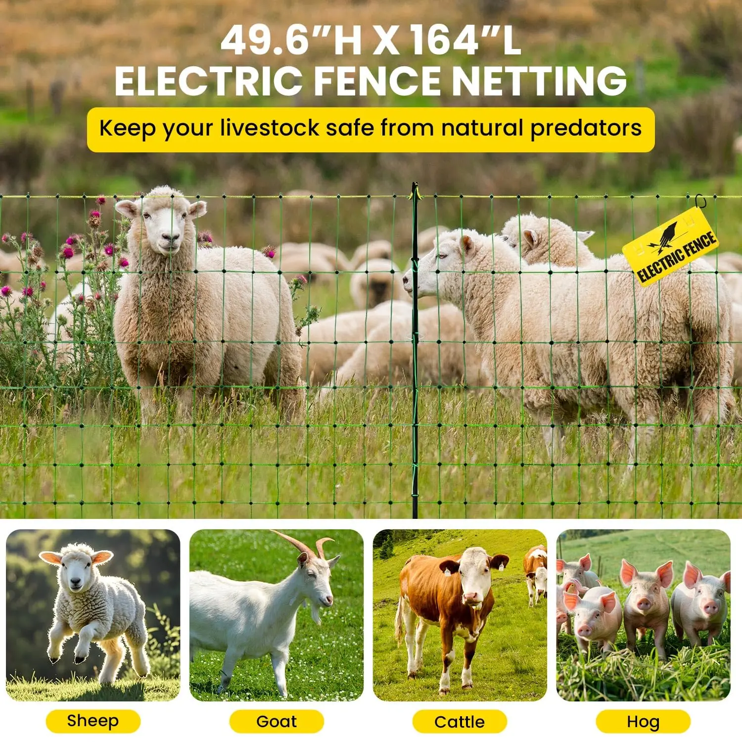 Electric Fence Netting, 49.6" H x 164'L Anti-Predator Poultry Fence Kit with Posts for Livestock