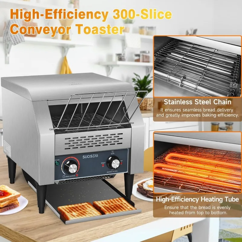 Commercial Toaster 300 Slices/Hour 1900W Heavy Duty Industrial Conveyor Toaster Stainless Steel Electric Oven with Dual Heating