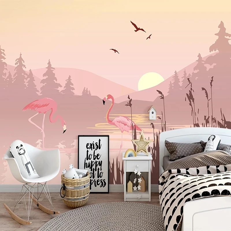 Custom Photo Wallpaper Nordic Pink Landscape Birds Sunset Scenery Mural Bedroom Romantic Living room TV background restaurant 8d