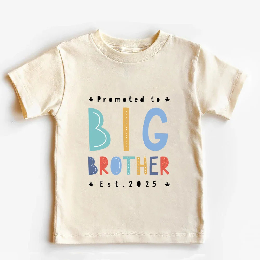 Promoted To Big Brother Est 2025 Print Kids T-shirt Pregnancy Announcement Boys Shirt Child Summer Retro Short Sleeve Outfit Top