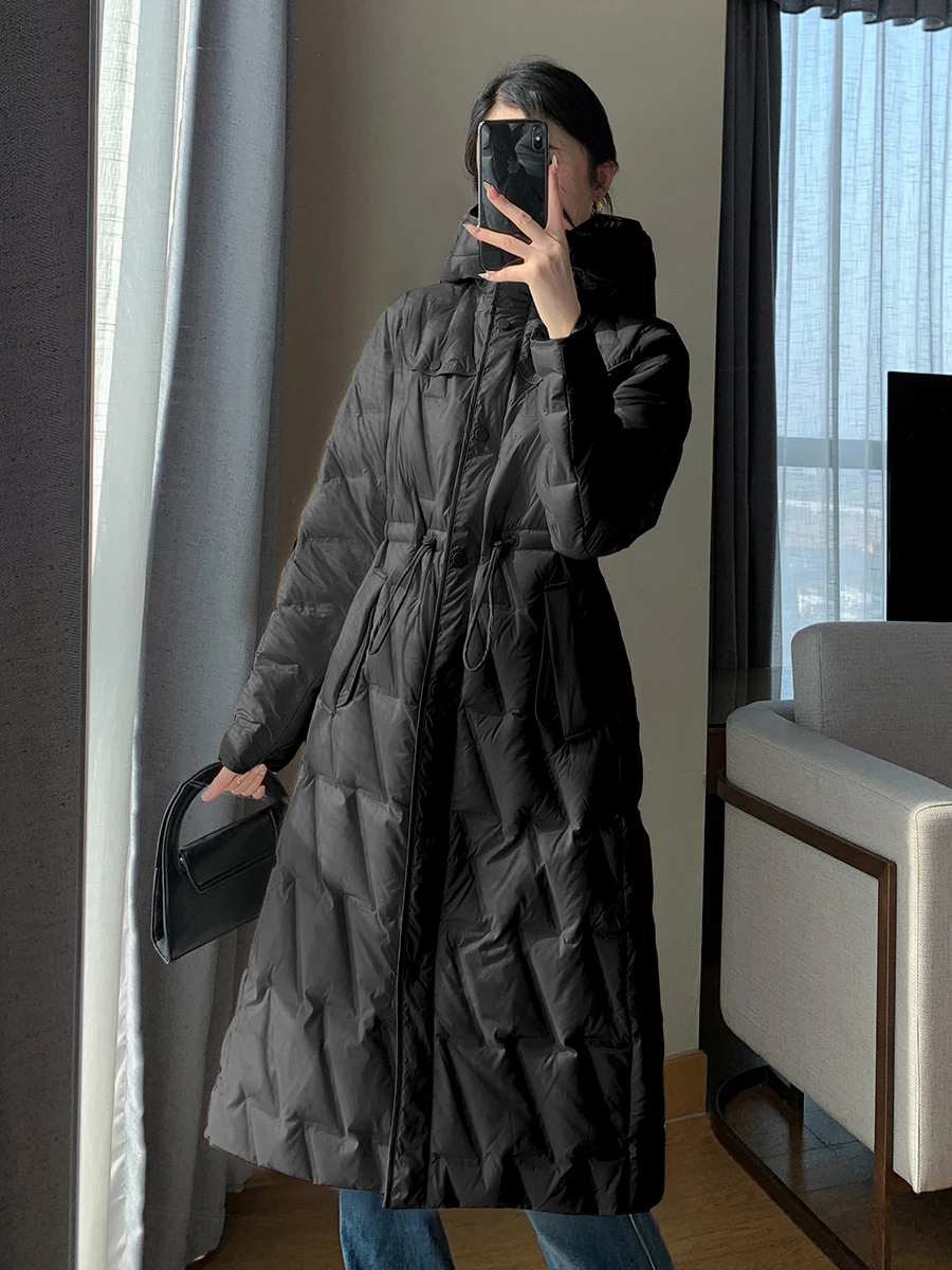 2025 European Fashion Winter Women's Down Jacket Commuter Hoodie White Duck Velvet Strap Parkas