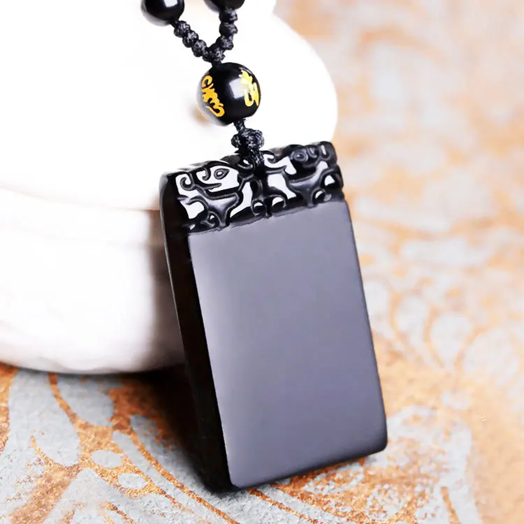 

Natural Obsidian Stone Blank Necklace Men Women Genuine Black Obsidian Crystal Rectangle Blank Pendant Sweater Chain Necklace