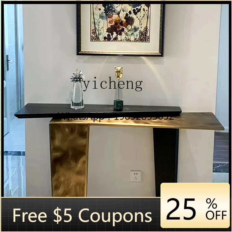 

AA high-end light luxury ultra-narrow strip case electroplated stainless steel frame solid wood table legs Xuanguan platform