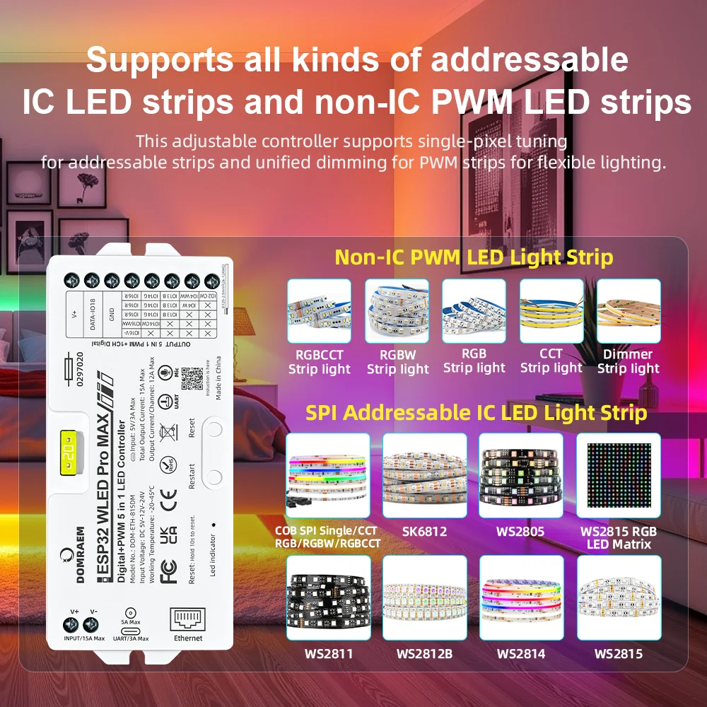 NEW DOMRAEM WLED Pro MAX ESP32 Ethernet WiFi 5-in-1 LED Controller Sound Mic Digital Pixel PWM Single CCT RGB RGBW RGBCCT Driver