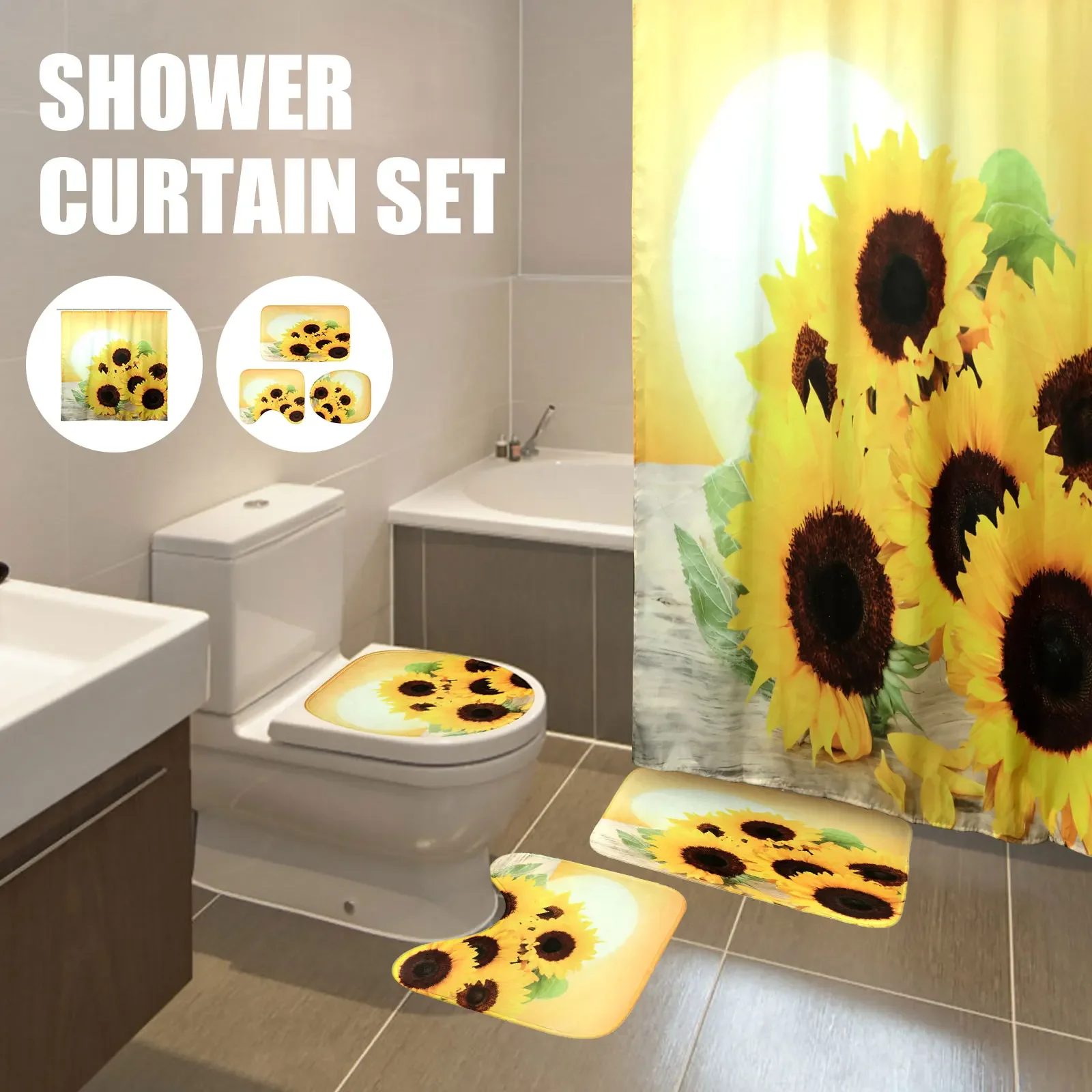 Shower Curtain 3D Sunflowers Waterproof Bathroom Curtain 71x71inch Washable Bathroom Curtain Quick-Drying Weighted Hem Shower