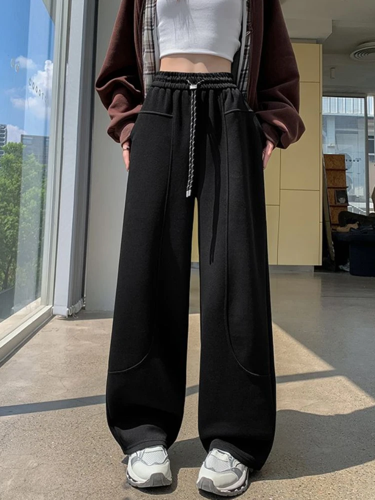 女性用ワイドレッグパンツ,スリム,伸縮性ウエスト,シンプル,オールマッチ,レジャー,ストリートウェア,韓国ファッション,秋,学生向け