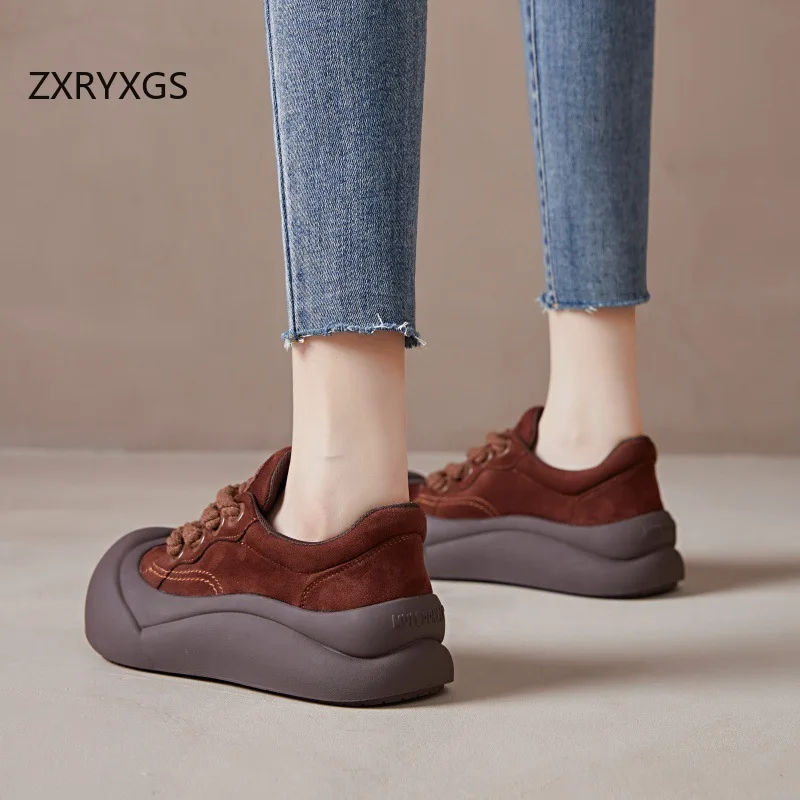 ZXRYXGS 2024 Cross Strap Round Toe Real Leather Vulcanized Shoes Woman Sneakers Thick Soles Heightening Shoes Trend Sneakers