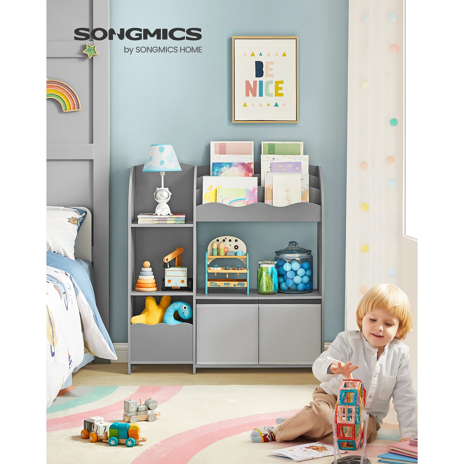 SONGMICS Toy Shelf, Kids Bookcase, Bedroom Cabinet with 2 Toy Bins, Playroom, Living Room, Dove Gray