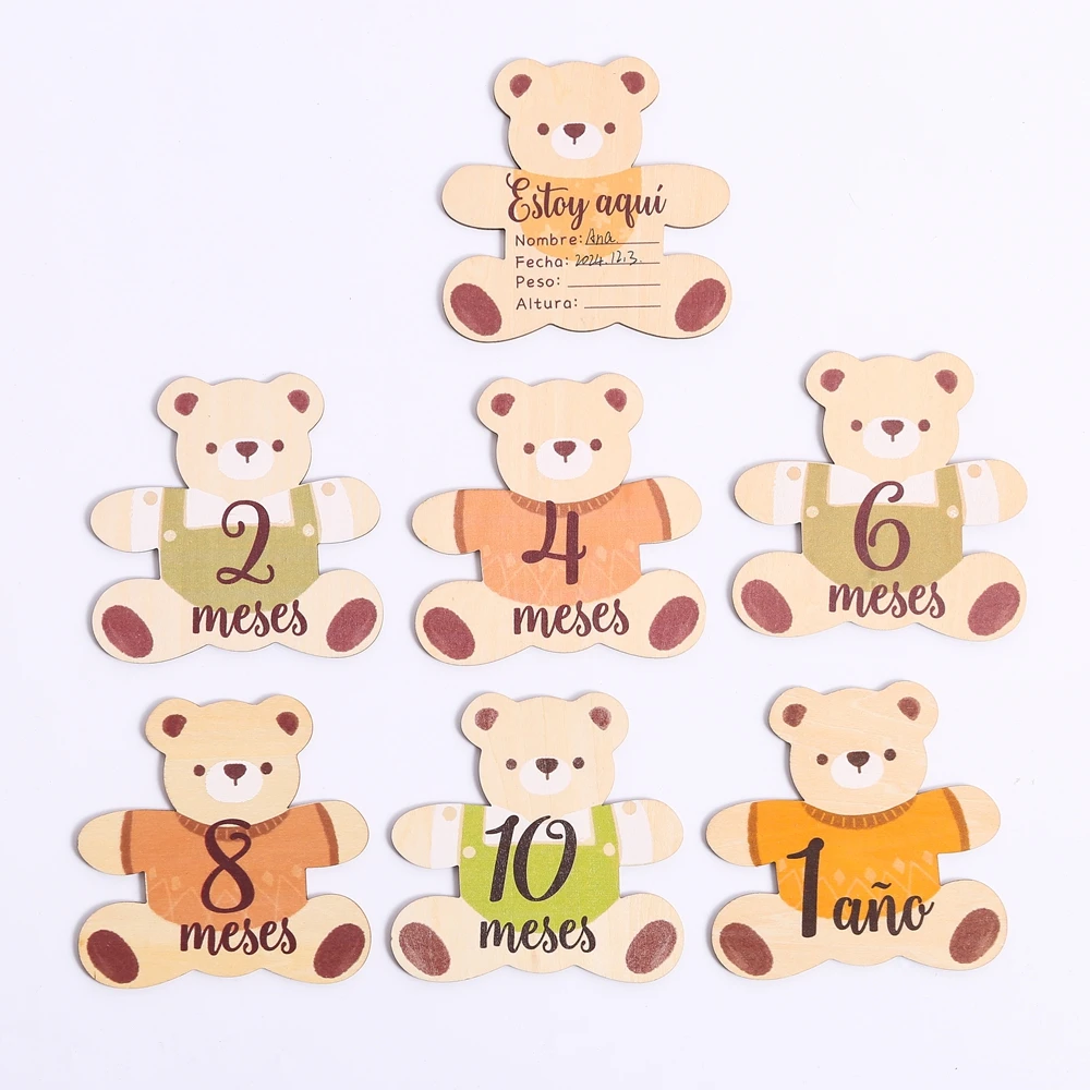 

7Pcs Baby Wooden Milestone Bear Cards For Newborns Aged 0-12 Months Memorial Cards Props Shooting Prop Accessories Baby Gifts