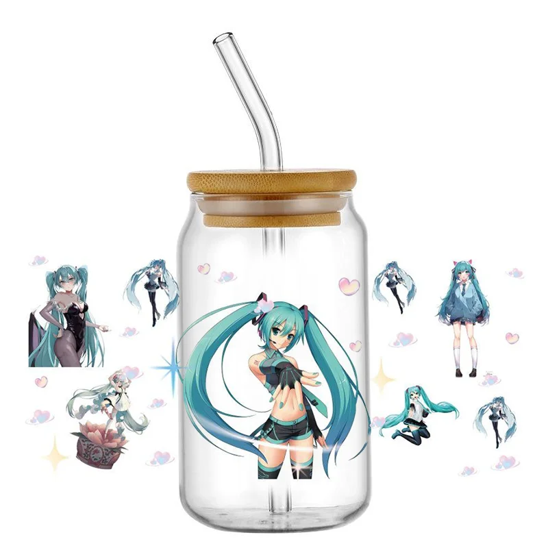 Miniso-pegatina de dibujos animados Mikuo 3D UV DTF, envolturas de transferencia DIY para taza de vidrio de 16oz, envoltura impermeable, pegatinas para taza de café