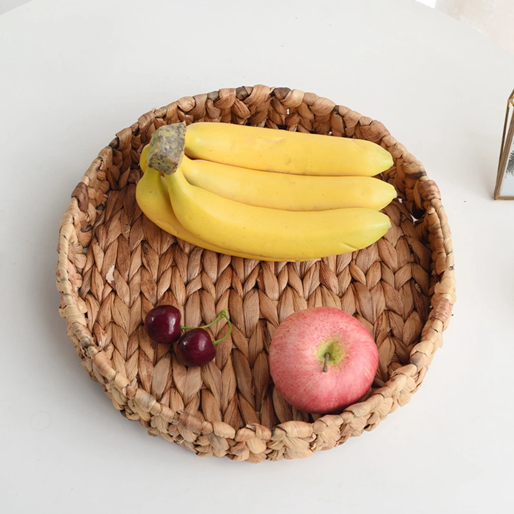 Rattan Wicker Basket Handwoven Fruit Tea Snack Bread Basket Cosmetic Round Storage Box Water Hyacinth Weaving Bamboo Tray