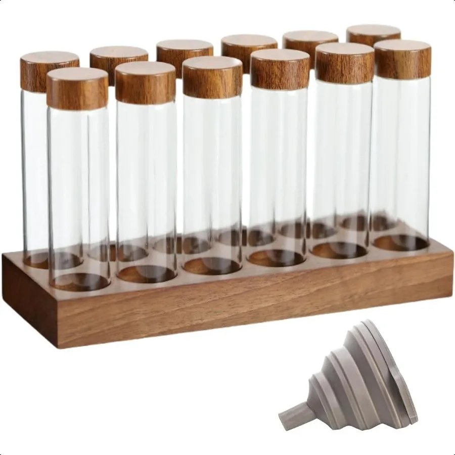 

Coffee Bean Storage Set 12 Single Dose Tubes with Wooden Stand and Funnel for Coffee Tea Spices