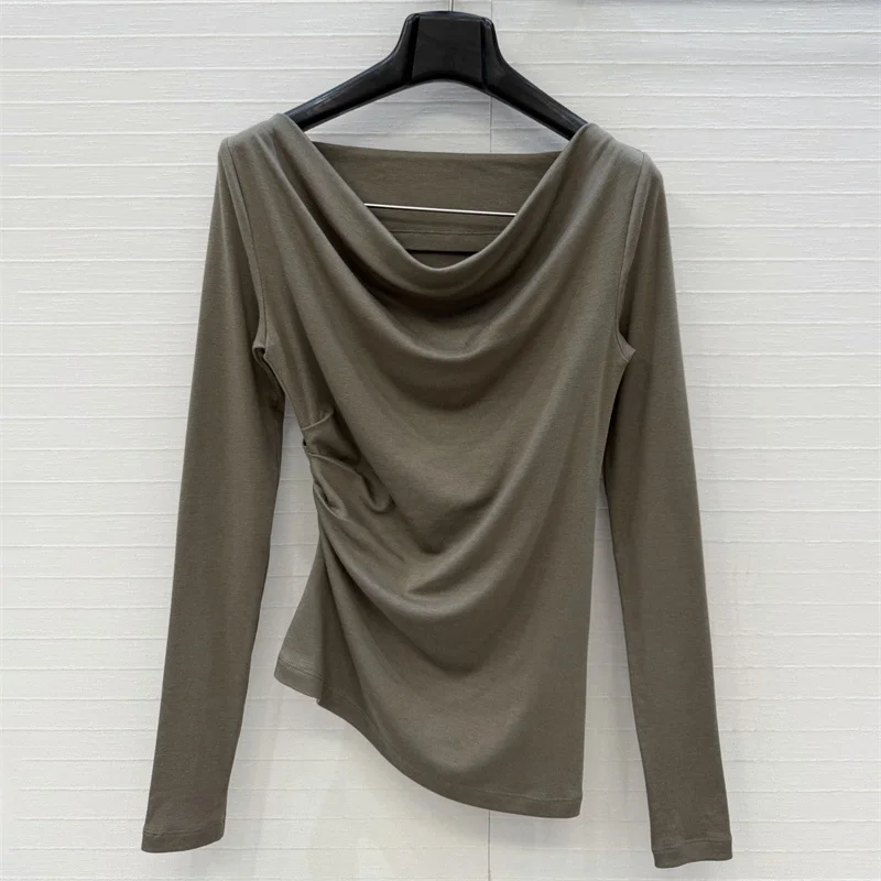 Women's T-shirt 2026 Winter New Stretch Knitted Women's Long Sleeve Top Asymmetric slim fit women's corset pullover women's tops