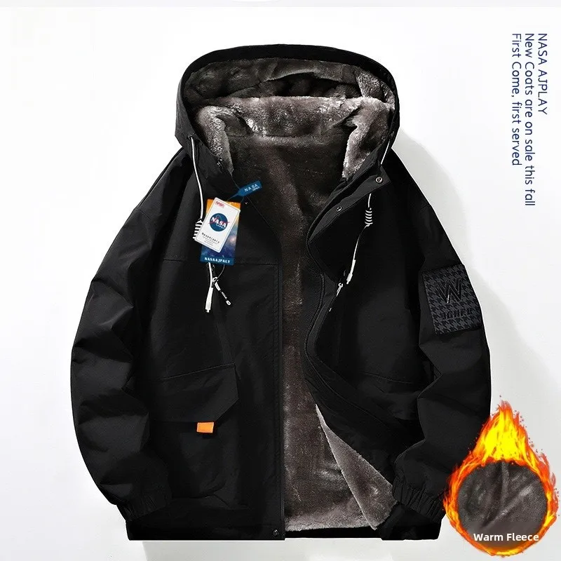 

Trendy Men's Fce Lined Thiened Windproof Autumn Winter Jaet Casual Hooded Zipper Closure Polyester Fiber Coat