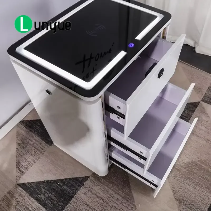 Smart LED Bedside Table with Fingerprint Wireless Charging Station Multifunctional Nightstand for Bedroom Modern