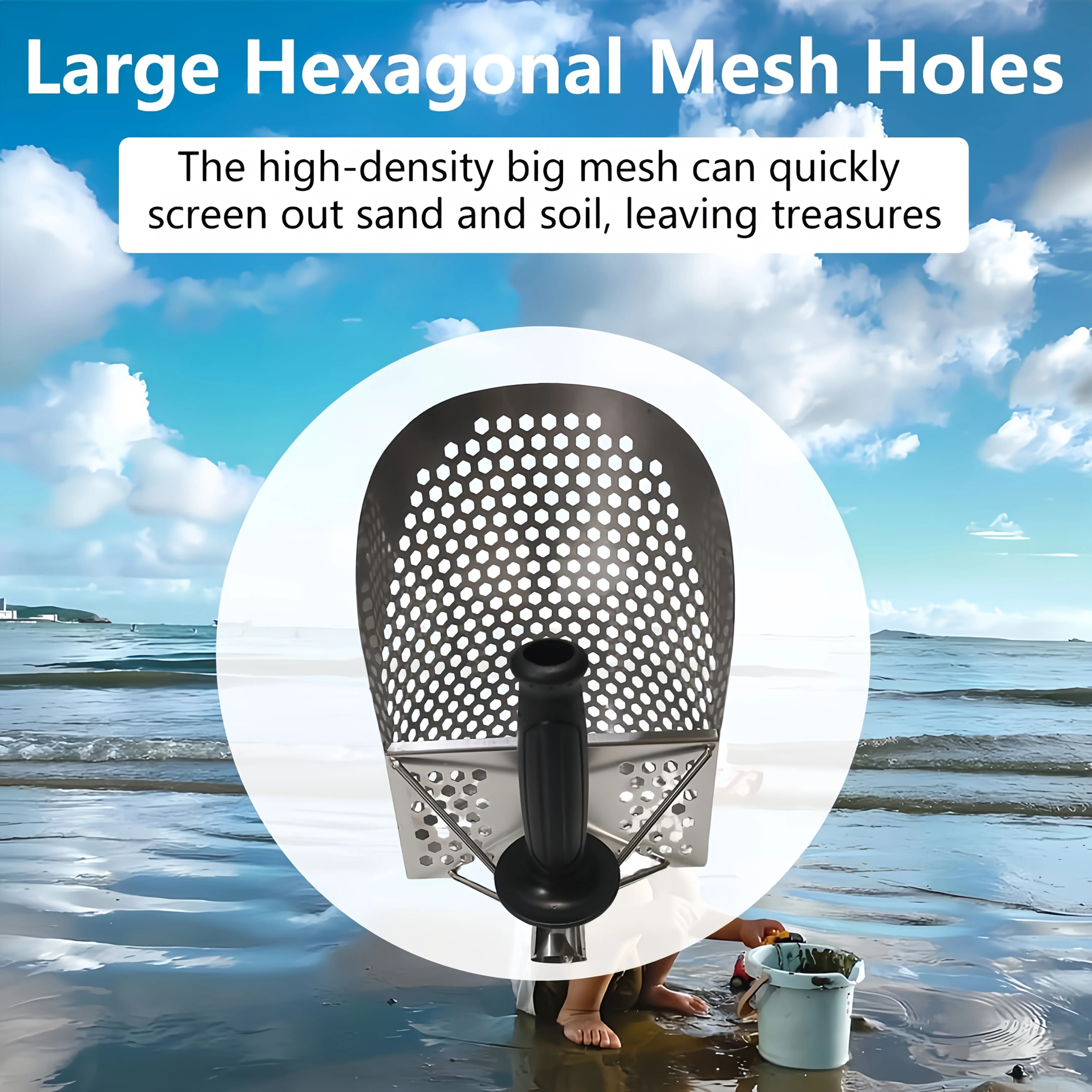 Stainless Steel Sand Scoop with Handle for Metal Detecting, Beach Treasure Hunting Sand Sifter Tool