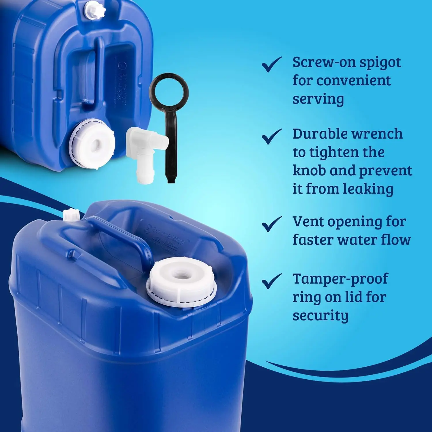 Containers with Lids, Emergency Water Storage Kit Including Spigots, Wrench, and Water Preserver