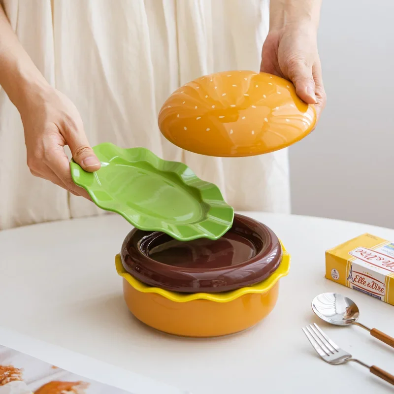 

Creative Hamburger Ceramic Bowl Plate 5-piece Set, Cute Cartoon Tableware Household Baking Salad Bowl Dessert Plate Rice Bowl