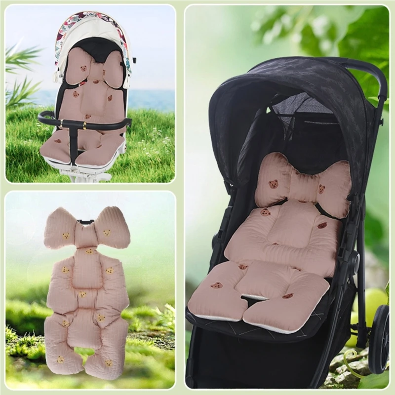 Breathable & Versatile Baby Stroller Mat Thickened Cushion with Embroidered Bear D5QA