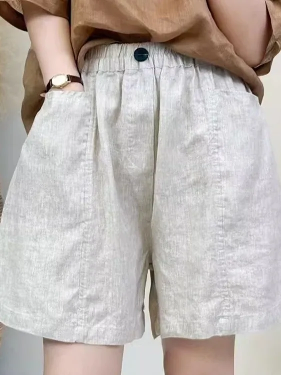 Reine Farbe Leinen orts frauen Sommer Lose Abnehmen Elastische Taille A-Line Casual Breite Bein Fünf-Viertel Hosen