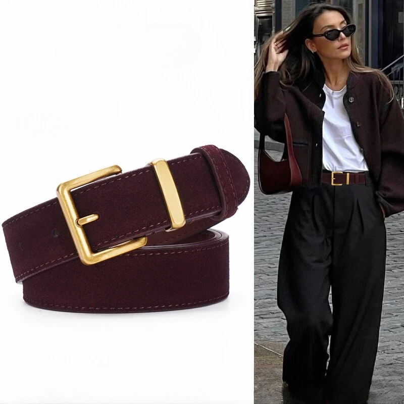 

Elegant Women Suede Cowhide Leather Belt with Gold Square Buckle 3.3cm Wide Vintage Belts for Dresses Jeans