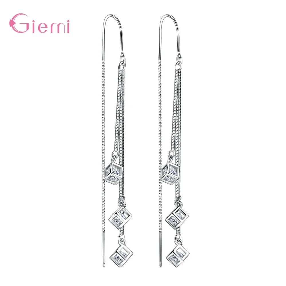 925 Sterling Silver Jewelry New Fashion Hot Sale Square Cube Cubic Zircon Stone Tassel Pendientes Earrings for Women Girls