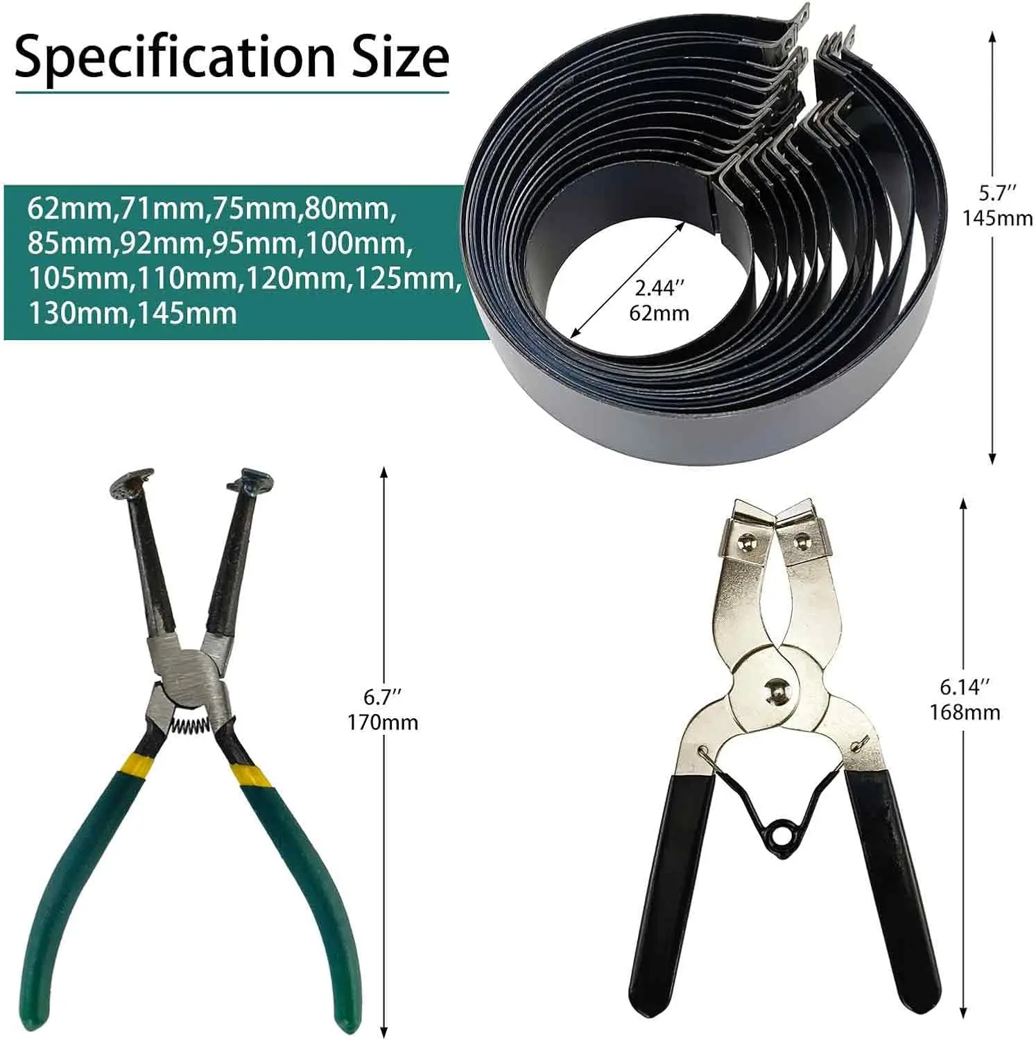 16 PCS Piston Ring Compressor Tool Set with 2 Pliers & 14 Rings (62-145mm) for Car & Truck Engine Repair