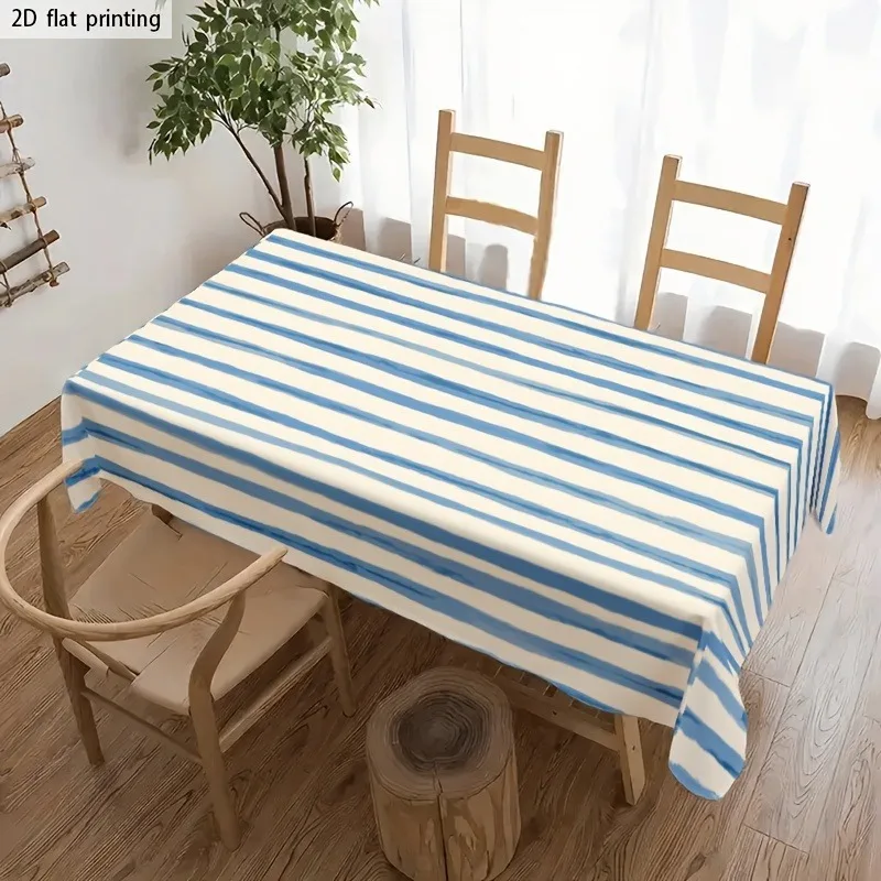 1pc 2D Tablecover, Soft, Stylish, and Beautiful Blue and White Striped Tablecloth, Machine Washable and Reusable, for Dining Tab