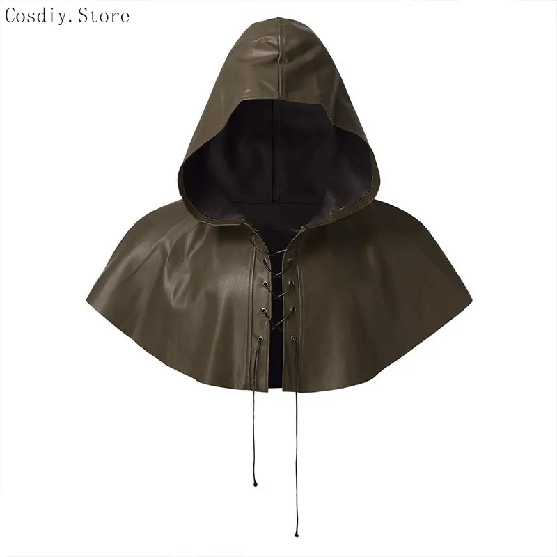 Medieval Renaissance Cowl Hood Cap Cape Cloak Monk Witch Costume Assassin Hunter Halloween Hat Accessory PU Leather Goth Mantle