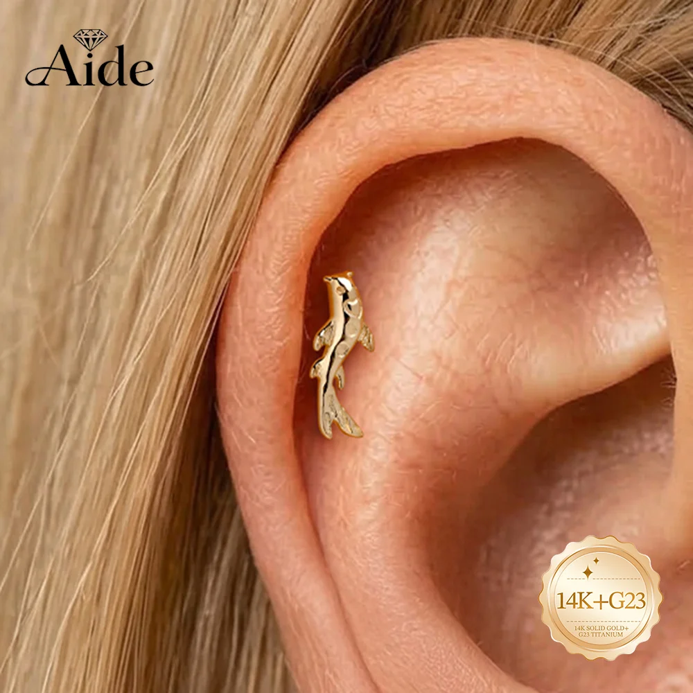 AIDE 14K Solid Gold Sparkling Animal Koi Fish Women's Cartilage Helix Piercing Multi Sized Flat Back Jewelry Gifts for Her