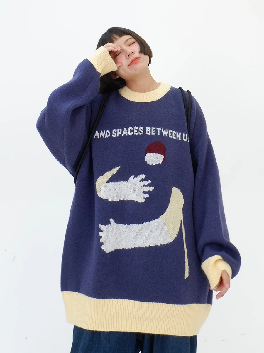 

Creative cartoon color matching round neck sweater for women in autumn and winter 2023 new loose fitting bf American vintage