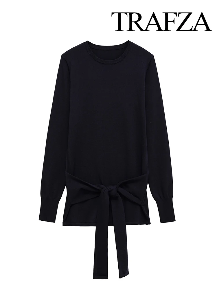 

HH Women's 2025 New Fashion Versatile Crew Neck Long Sleeve Knitted Top Female Elegant Waist Bow Decorative Pullover Sweater