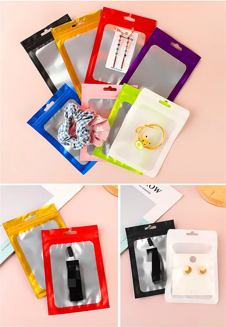 50pcs Matte Aluminum Foil Zip Lock Gift Packaging Bag Resealable Snack Candy Bracelets X-mas Jewel Window Hanging Hole Pouches